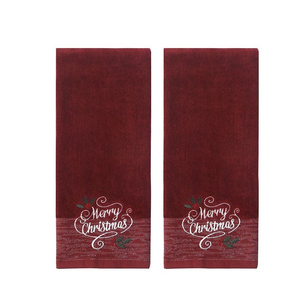 Merry Christmas Embroidered Hand Towels Bath Holidays Decor-Set 2pc Brand New